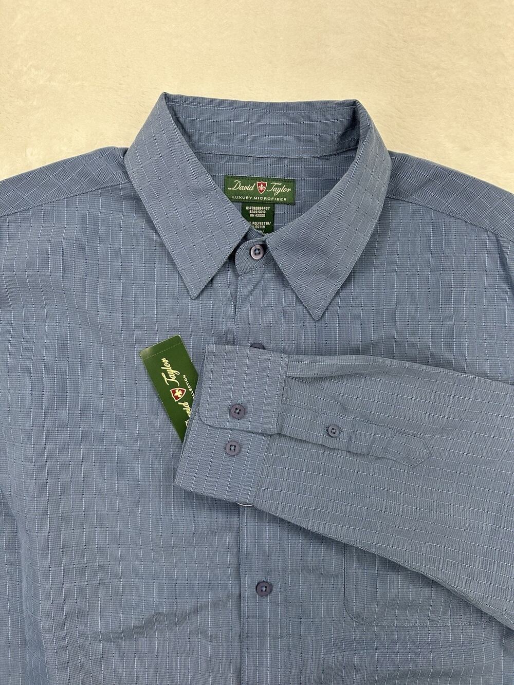 NWT David Taylor L Luxury Microfiber Mens Blue Button Front Dress Shirt Texture